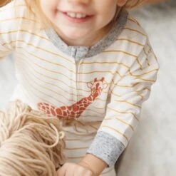 Giraffe Baby Coverall – Mustard Stripe With Heather Grey Sleeves, Non-Footed -Zero Waste Store me o my earth giraffe coverall printed on mustard stripe with heather grey sleeves 1151712312