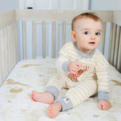 Giraffe Baby Coverall – Mustard Stripe With Heather Grey Sleeves, Non-Footed