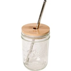 Mason Jar Kit- Mason Jar, Bamboo Lid, Stainless Steel Straw -Zero Waste Store zerowastestore com wide mouth jar mason jar kit mason jar bamboo lid stainless steel straw 32968172699759